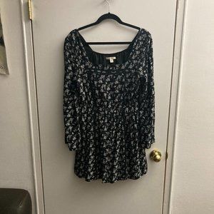 Black and white floral bell sleeve mini dress